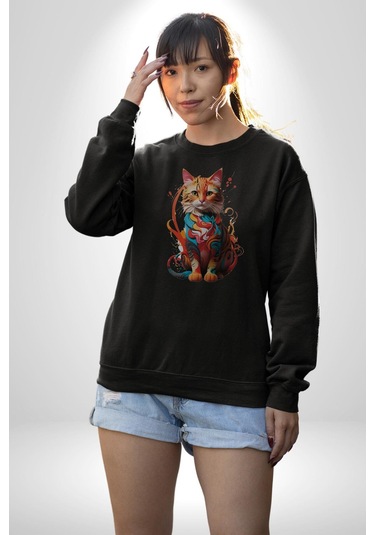 Renkli Yağlı Boya Kedi Unisex Siyah Baskılı Sweatshirt Siyah