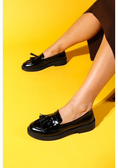 Milina Siyah Rugan Püsküllü Hakiki Deri Kadın Loafer Ayakkabı Siyah