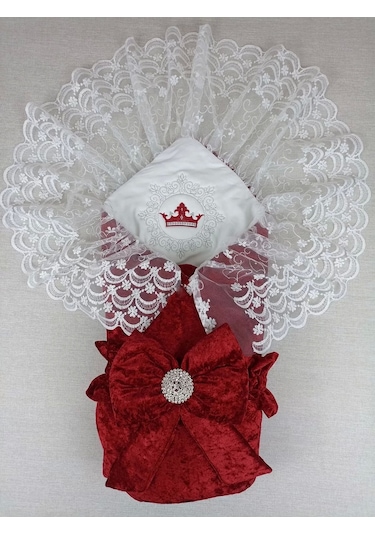 Yenidoğan Saray Kadife Taç Nakışlı İnci Fiyonklu Dantel Duvak Trilüks Kundak Bebek Battaniye Bordo Bordo