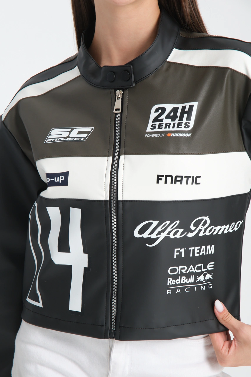 Kadın Oversize Baskılı Deri Şeritli Motorcu Montu Garnili Fermuarlı Yarışçı Ceketi Bomber Kolej Mont Koyu Kahve