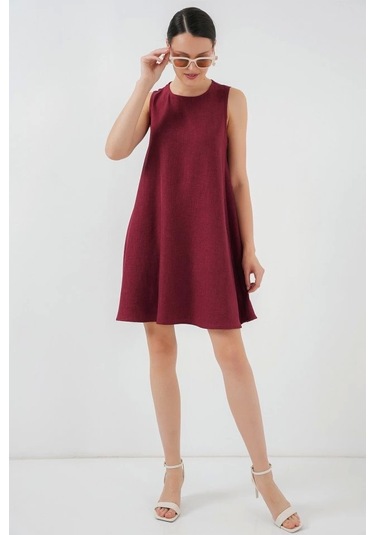 2444 Mini Keten Elbise - Bordo Bordo