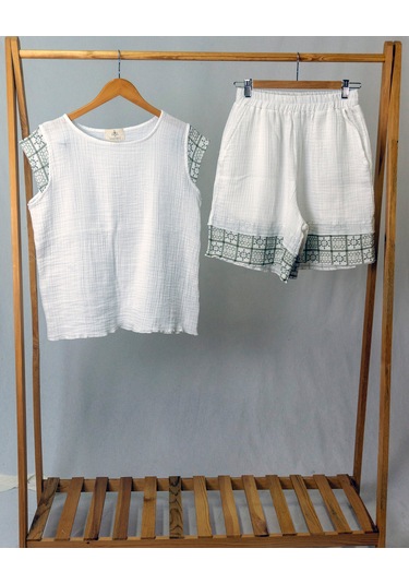 Süper Hafif %100 Pamuk 2 Katlı Müslin Şort - Tişört İkili Takım Pijama Gots Sertifikalı Haki