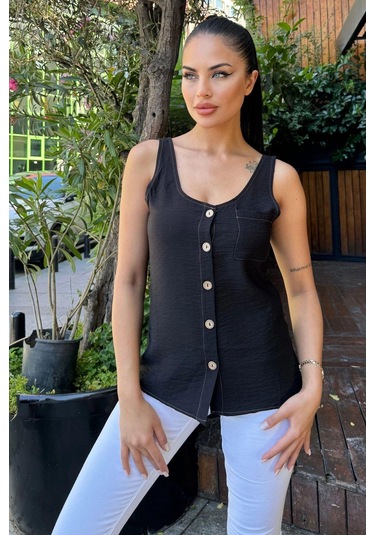 Kadın Siyah Yuvarlak Yaka Ve Düğme Detaylı, Kalın Askılı Keten Atlet Bluz Siyah
