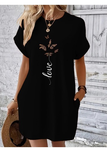 Kadın Kısa Kollu Bisiklet Yaka Cepli Kelebek Baskılı Viskon Elbise Çok renkli