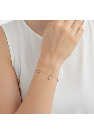 925 Ayar Gümüş Sallantılı Pembe Gold Kelebek Bileklik Altın