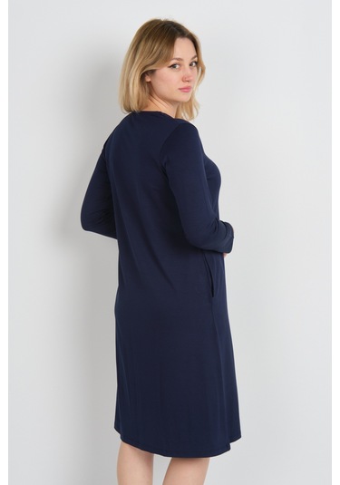 Sistas Kadın V Yaka Parlak Şerit Detaylı Uzun Kollu Çift Cepli Elbise 24442 Lacivert Lacivert