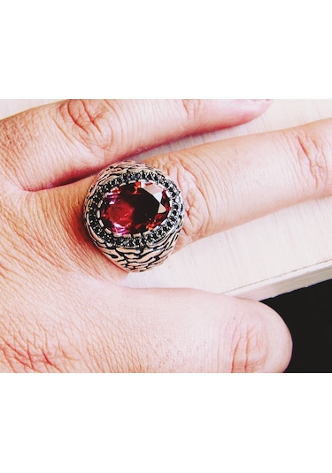 Zultanit Oval Taşlı Yanları Siyah Taşlı Gümüş Erkek Yüzük