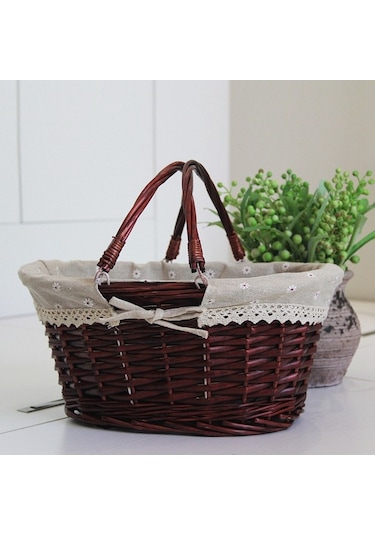 Agoodshop Doğal Hasır Dokuma Sepet, Saplı Ve Keten Pamuklu Kumaş Astarlı Premium Söğüt Sepet, Dekora Naturel