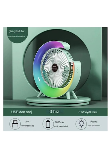 Masaüstü Vantilatör Usb Şarjlı Rgb Led Işıklı 3 Kademeli Fan