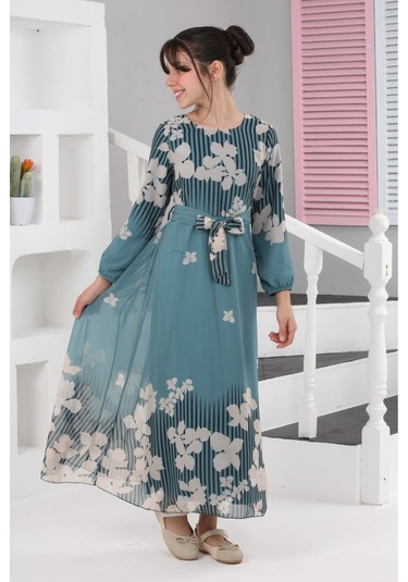 Kız Çocuk Astarlı Tam Boy Çiçek Desenli İç Göstermeyen Şık Ve Rahat Uzun Elbise Yeşil