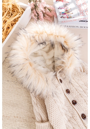 Triko Örgü Kışlık İçi Welsoft Astarlı Kapüşonlu Kız/erkek Bebek Tulum Bej