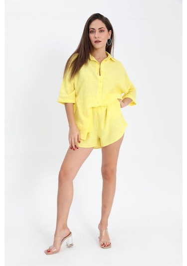 Pamuk Keten Şort Gömlek Kadın İkili Takım - Sarı-sarı Sarı