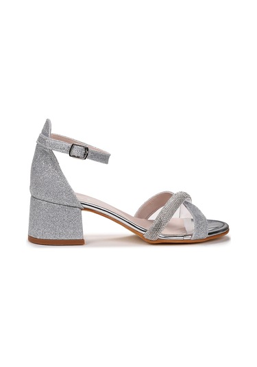 Kiko Kids Tanda Kum Simli Kız Çocuk 4 Cm Topuklu Sandalet Abiye Ayakkabı Gümüş Gümüş