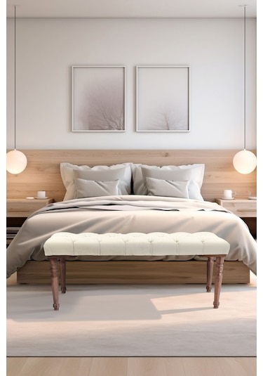 Gazzini Classic Torna Gürgen Ahşap Ayak Chester Model Kapitoneli Beyaz Puf Bench - Ceviz Ayak