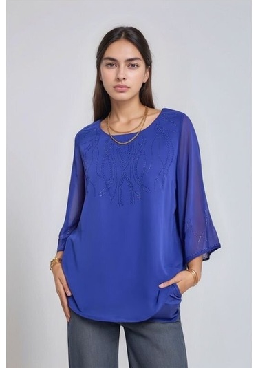 Kadın Asimetrik Kesim Şifon Curve Büyük Beden Viskon Spor Şık Bluz Saks
