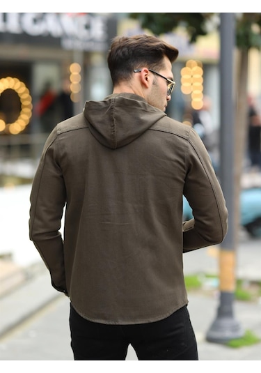 Haki Renk Kapüşonlu Kot Ceket-1448 Haki