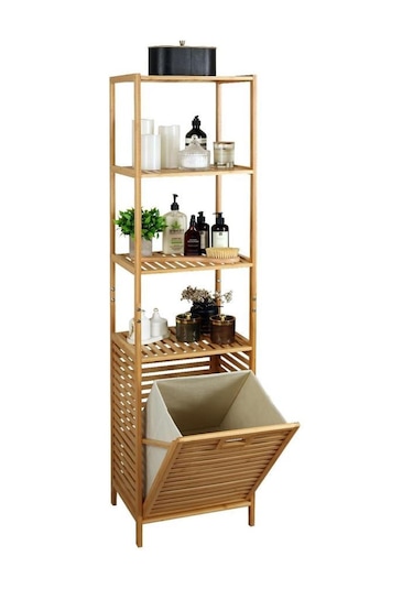 Digithome Bambu Kirli Sepetli 4 Raflı Çok Amaçlı Banyo Düzenleyici Çamaşır Sepeti Organizer Db-0009 Ahşap