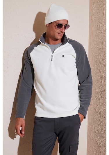 Buratti Slim Fit Yarım Fermuarlı Kışlık Şardonlu Erkek Polar 5906055 Ekru