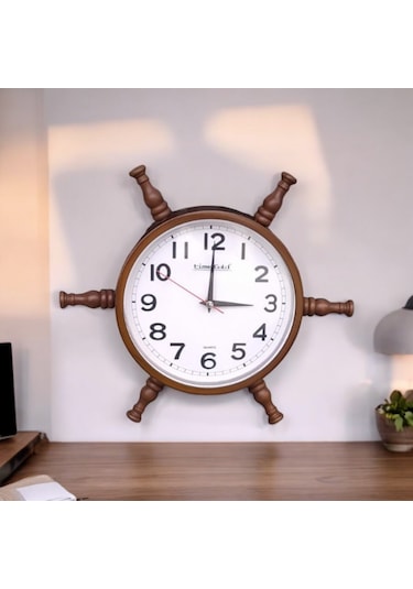 Nostaljik Eskitme Ahşap Gemici Dümen Duvar Saati Çap 35 Cm Eskitme