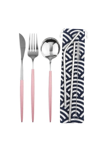 Pembe Altın Seyahat Yemek Takımı Paslanmaz Çelik Taşınabilir Çatal Bıçak Kaşık Çatal Saman Kumaş Paketi Yemek Takımı Piknik Için Pembe & Gümüş