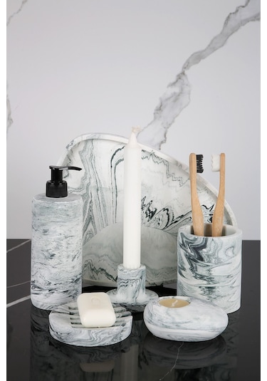 Betonmall 6 Parça Mermer Desenli Beton Banyo Seti Katı Ve Sıvı Sabunluk Mumluk Tütsülük Diş Fırçalığı - Yeşil Yeşil