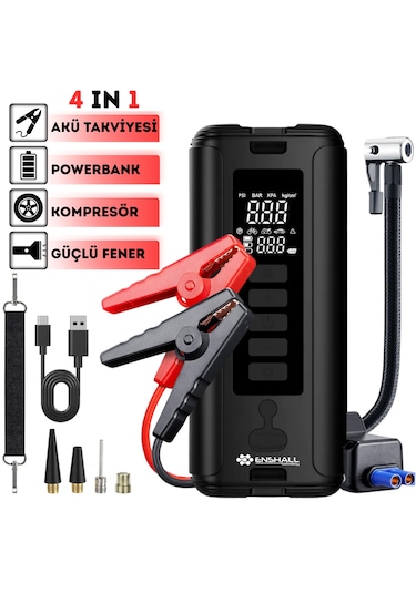 12000mah Led Işıklı Akü Takviyeli Powerbankli Araç Kompresörü