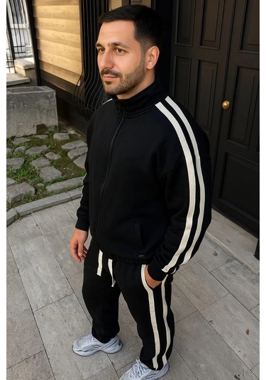 Erkek Çift Şeritli Eşofman Takım Dik Yaka Fermuarlı Sweatshirt Boru Paça Alt, Oversize 3 İplik Pamuk Siyah