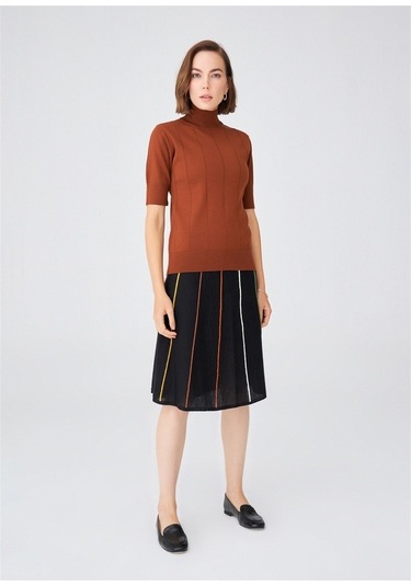 Peraluna Çizgili Yüksek Bel Bol Kesim Diz Altı Kadın Triko Etek S Siyah