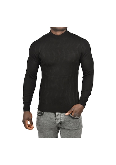 Deepsea Erkek Siyah Dar Kesim Yarım Balıkçı Yaka Desenli Triko Yarım Boğazlı Kazak 2505505 Siyah