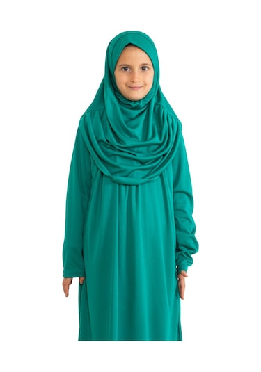 İki Parça Çocuk Elbisesi Seti Eşarp İle Takım Yeşil