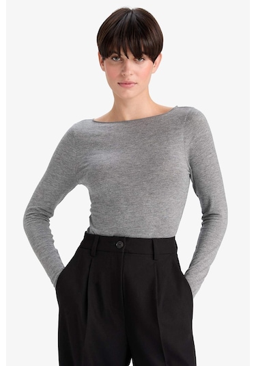 Defacto Modal Kaşmir Yumuşak Dokulu Kayık Yaka Uzun Kollu Üst-fall İn Love F2264ax25augr377 Gri