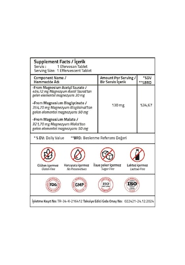Magnezyum Complex Bisglycinate Taurat Malat 15 Effervescent Tablet