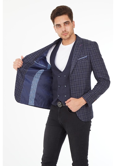 Sposo 5140 Yelekli Dar Kalıp Lacivert Ekose Erkek Blazer Ceket Lacivert