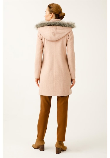 Yün Kumaş Fermuar Kapamalı Kapişonlu Kaban Pudra-pudra Pudra