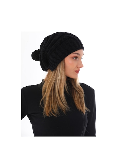 Kadın Kalın Siyah Örgü Ponponlu Bere Siyah