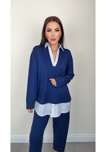 Polo Yaka Gömlekl Detay Salaş Balon Pantolunlu Ikılı Takım mavi