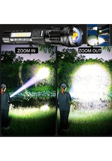 Valkyrie Şarjlı 7 Modlu Ultra Güçlü Led El Feneri Çakarlı Çok Fonksiyonlu Zoom 1500mah Siyah