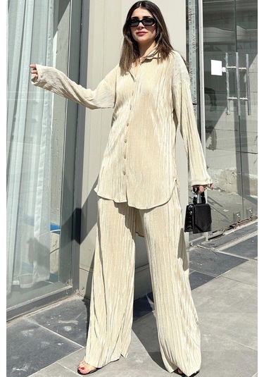 Kadın Sarı Uzun Tunik Gömlek & Beli Lastikli, Bol Paça Pantolon - Salaş Bürümcük Takım Sarı