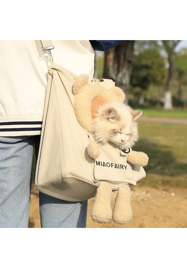 Taşınabilir Gezi Kedi Çantası Açık Omuz Kanvas Çanta Küçük Köpek Pet Çanta Ayı Haki