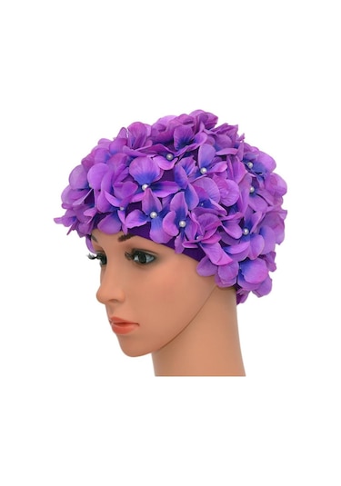 Kadınlar İçin Çiçek Yapraklı Vintage Yüzme Bonesi, Mor Renk Mor