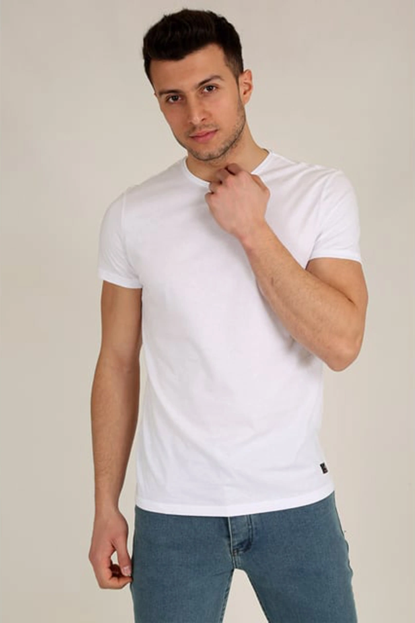 Veaven Erkek Beyaz Slim Fit Bisiklet Yaka Basic T-shirt Beyaz