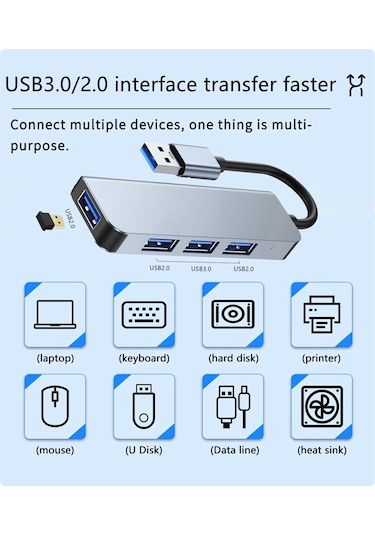 Reedark Usb 3.0 Hub 2013u - 1 Usb3.0 5gbps + 3 Usb2.0 480mbps Çoklayıcı, Uzay Gri, Abs+alüminyum, 13.5cm Kablolu