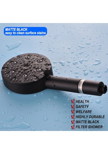 Su Tasarruflu 10 Modlu El Tipi Filtreli Duş Başlığı, Paslanmaz Çelik Hortum + Braket, Mat Siyah