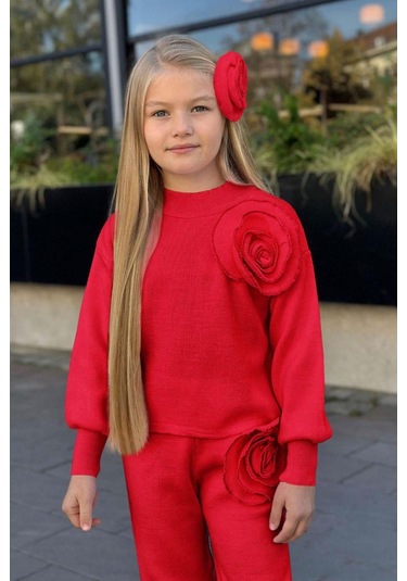 Riccotarz Kız Çocuk Balıkçı Yaka Omuzunda Gül Broşlu Kazak Bol Kesim Kırmızı Triko Alt Üst Takım Kırmızı