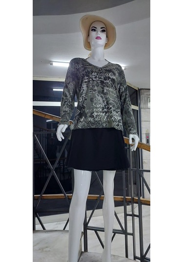 Haki İtalyan V Yaka Etnik Şal Ve Yazı Desenli Düşük Kol Bluz-9318 Haki