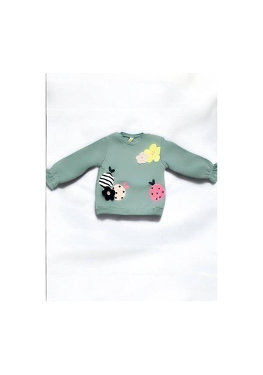 Kız Çocuk Çiçek Desenli İçi Şardonlu Kadife Taytlı Takım-14515 Yeşil