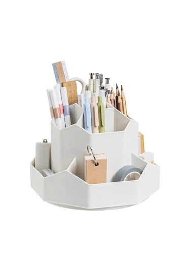 Ganzhoushop Ofis Okul İçin Kalemlik Dönen Masa Düzenleyici 360 Dönen Kalemlik Büyük Kapasiteli Kırtasiye Saklama Kutusu Beyazaçık Gri