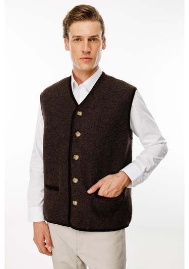 Desen Triko Erkek V Yaka Astarı Desenli Yün Yelek 24583 Kahverengi Kahverengi