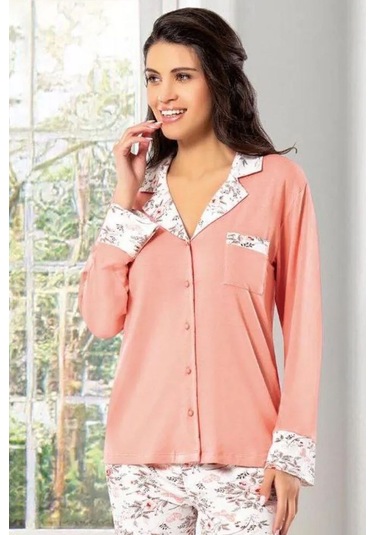 Faal 8605 Kadın Uzun Kollu Önden Düğmeli Pijama Takımı-somon SOMON