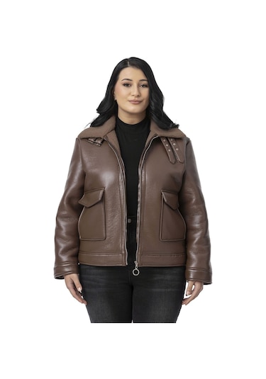 Büyük Beden İçi Kürklü Fermuarlı Yakası Toka Detaylı Kahverengi Deri Mont Kahverengi